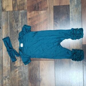 Teal Blue Short Sleeve Ruffle Leg Jumpsuit and Matching Headband, Size 3 Months